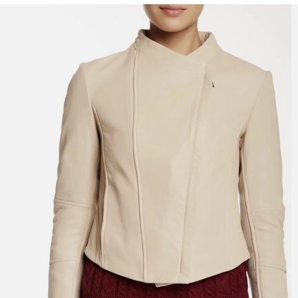 Vince Sand Shell Asymmetrical Rib Knit 100% Lambskin Leather Moto Designer Coat - Picture 1 of 16